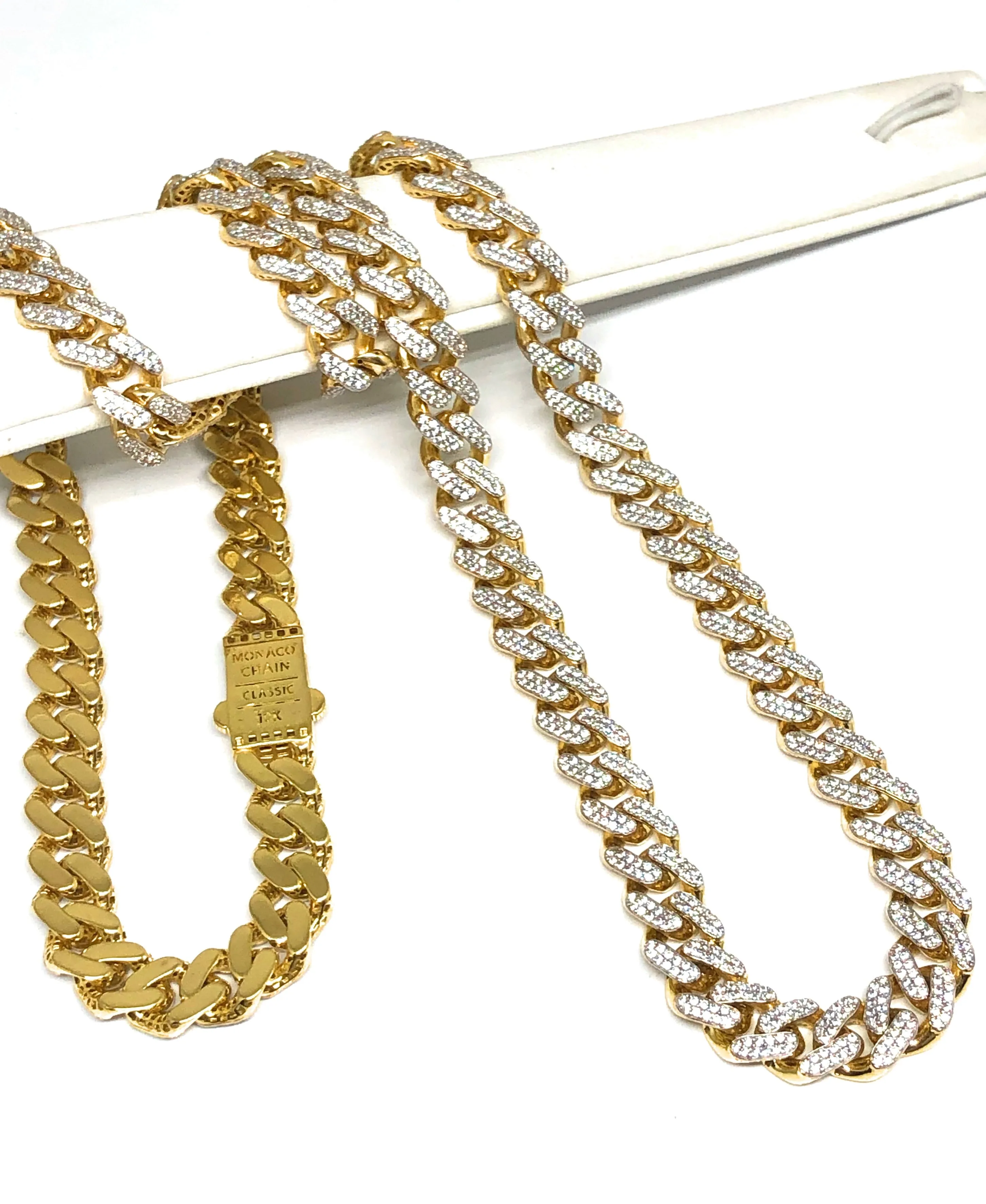 10k Solid Gold Monaco SWAROVSKI CZ Miami Cuban Link Chain 24-26 inches 11mm (Semi-Hollow) 58-64g