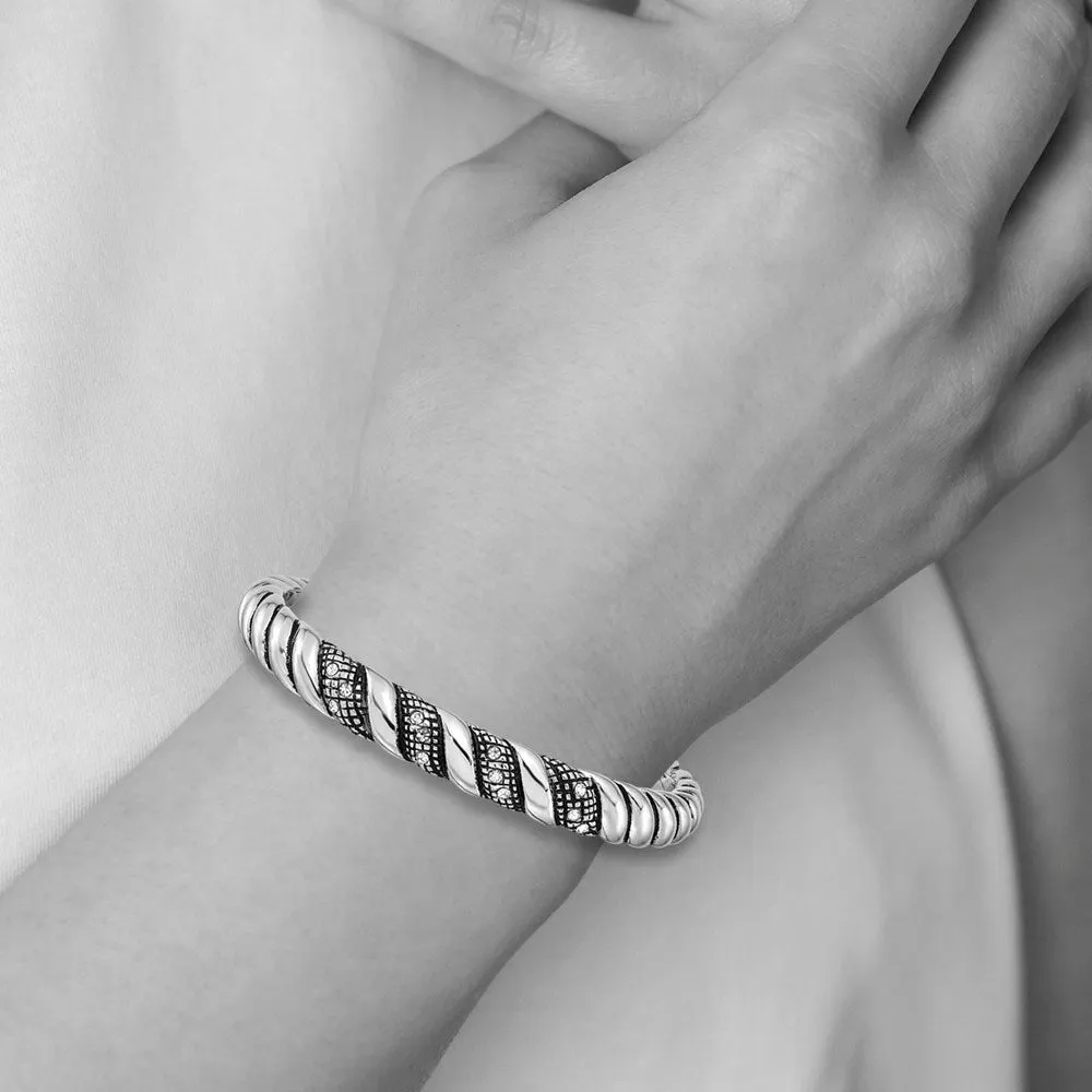 10mm Stainless Steel & Crystal Antiqued & Polished Cuff Bracelet