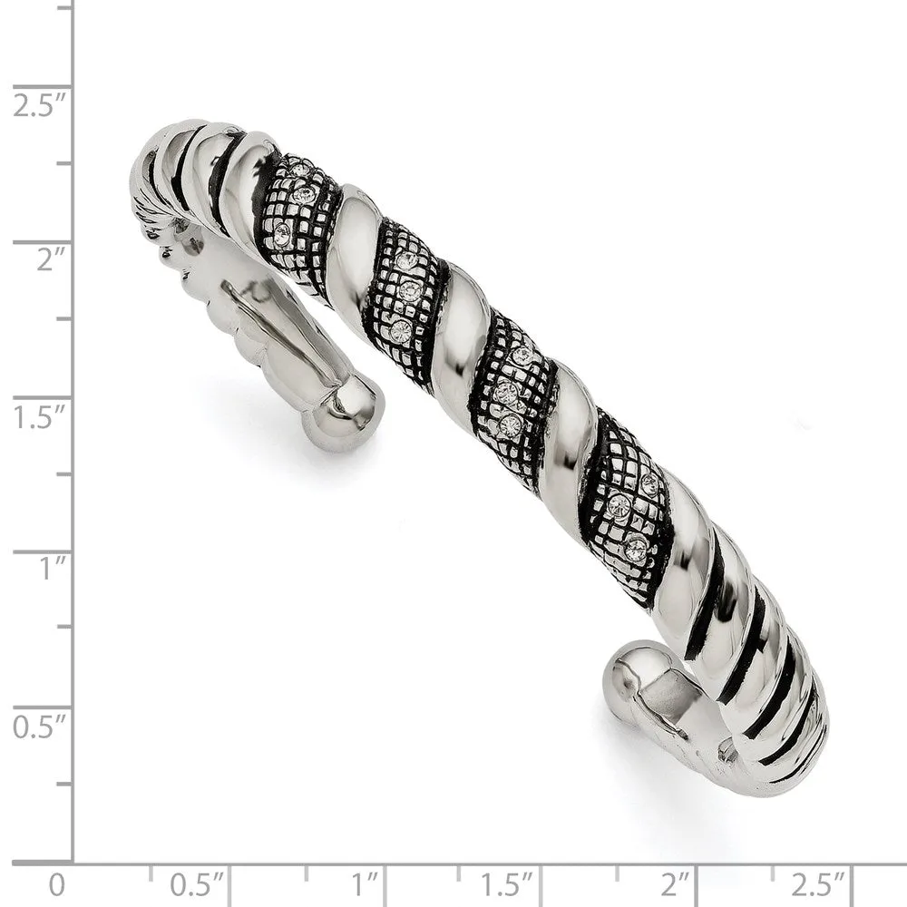 10mm Stainless Steel & Crystal Antiqued & Polished Cuff Bracelet