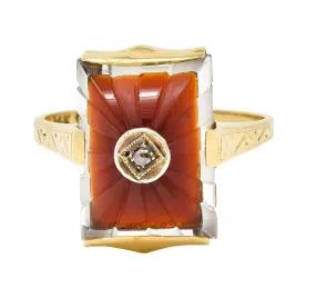 Art Deco Carved Carnelian Quartz Crystal Diamond 14 Karat Yellow Gold Vintage Gemstone Ring