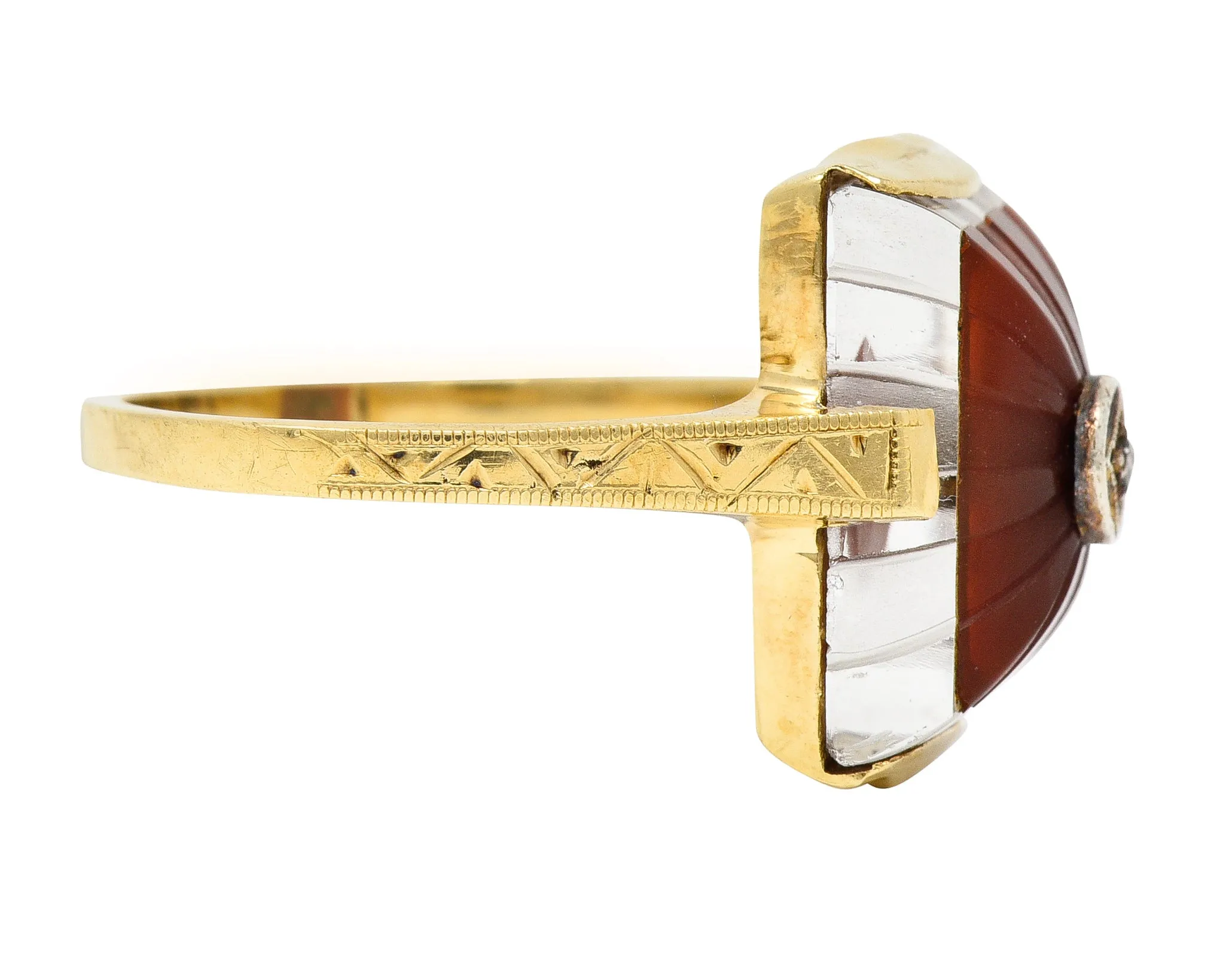 Art Deco Carved Carnelian Quartz Crystal Diamond 14 Karat Yellow Gold Vintage Gemstone Ring