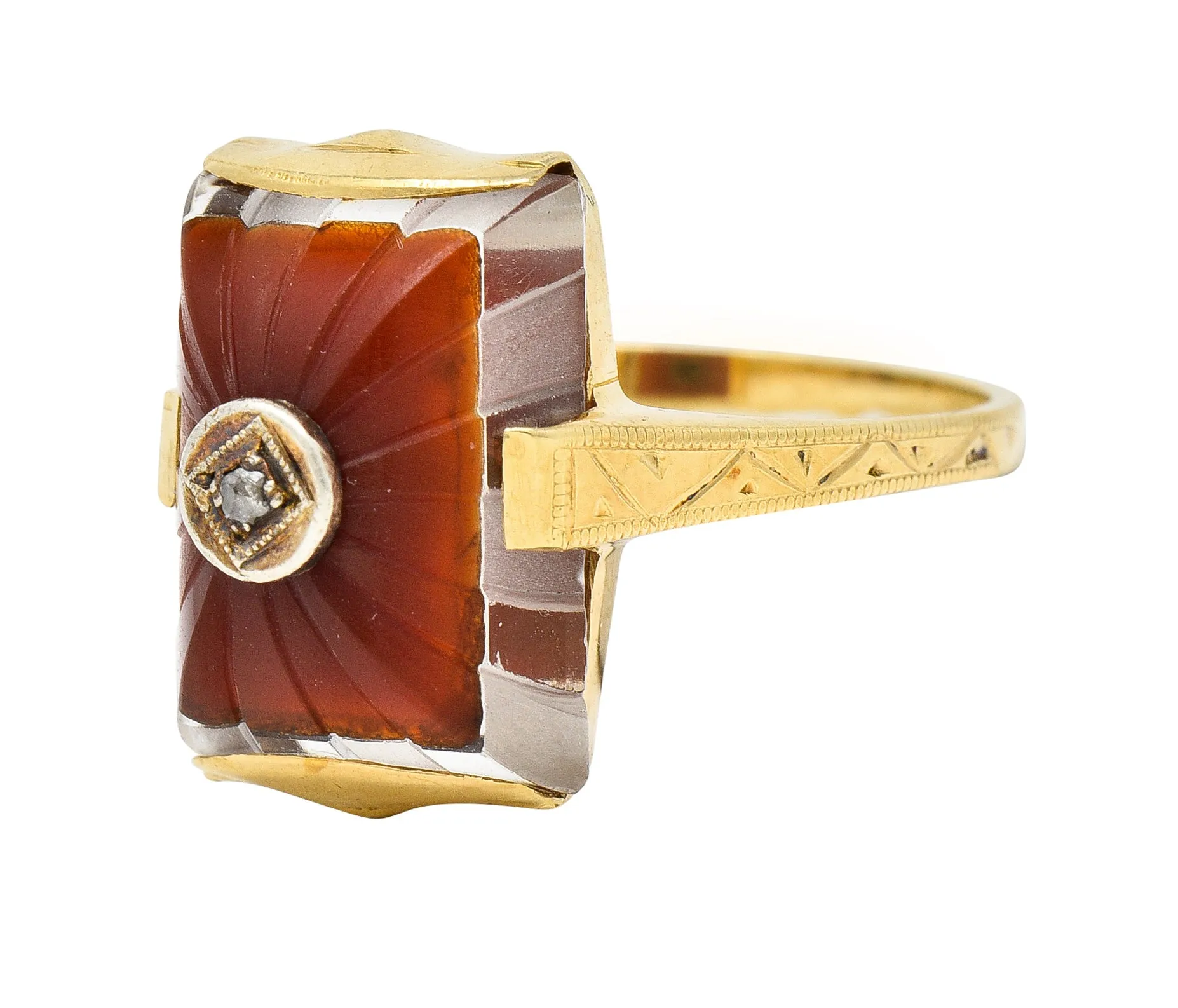 Art Deco Carved Carnelian Quartz Crystal Diamond 14 Karat Yellow Gold Vintage Gemstone Ring