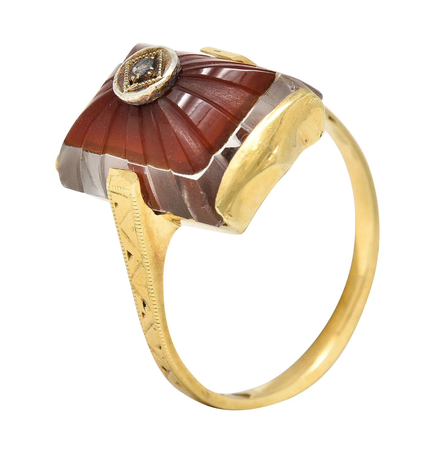 Art Deco Carved Carnelian Quartz Crystal Diamond 14 Karat Yellow Gold Vintage Gemstone Ring