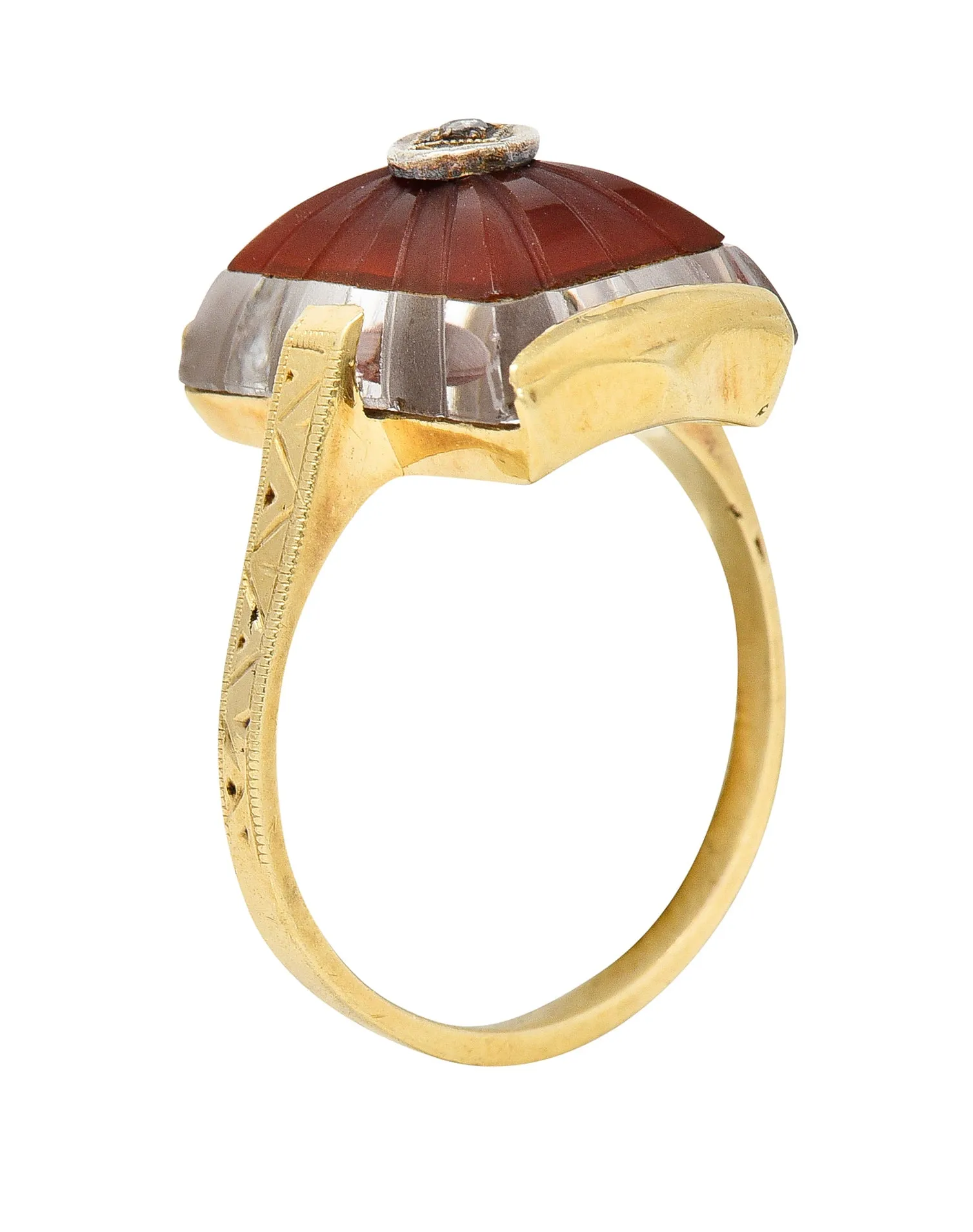 Art Deco Carved Carnelian Quartz Crystal Diamond 14 Karat Yellow Gold Vintage Gemstone Ring