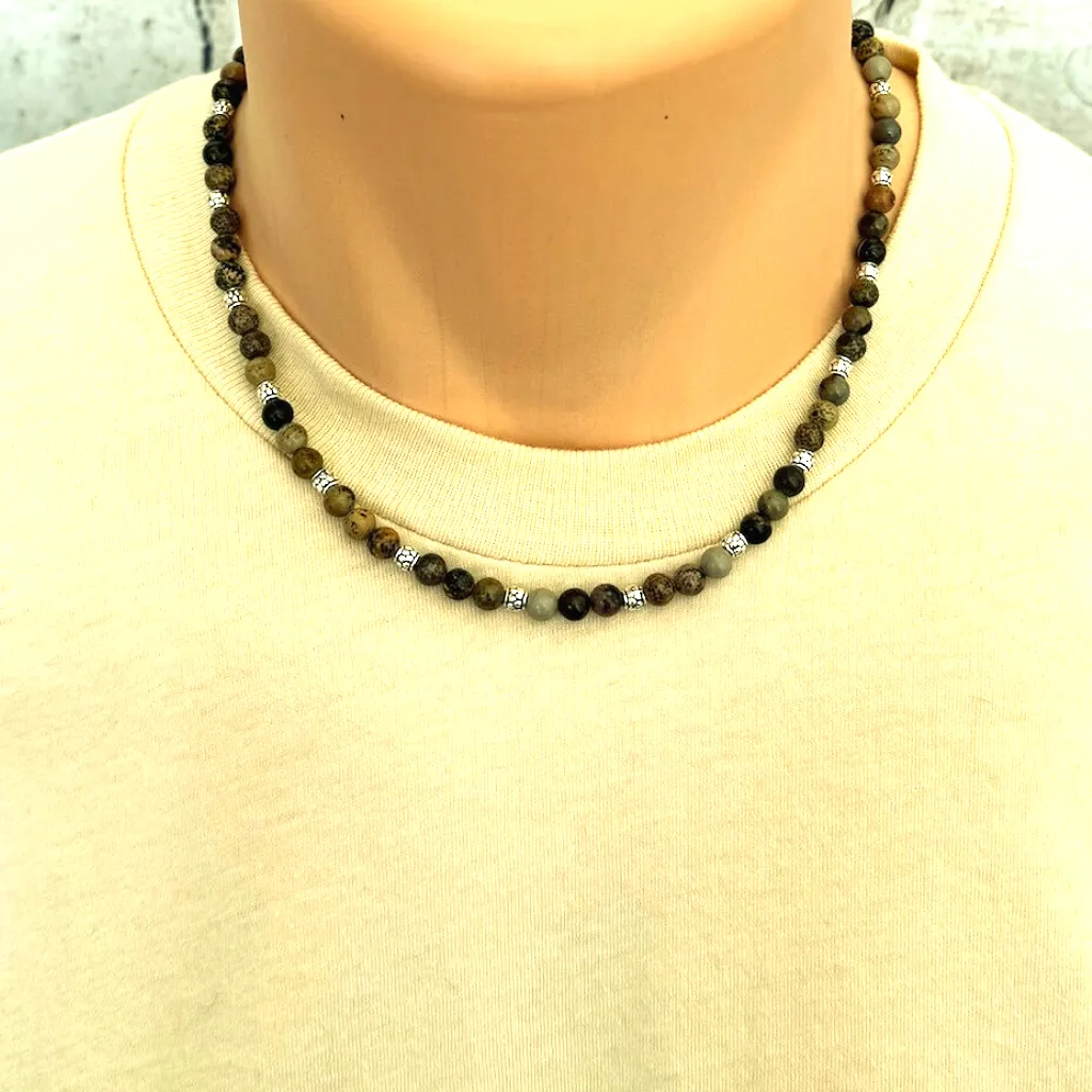 Artistic Stone and Silver Beaded Mens Necklace