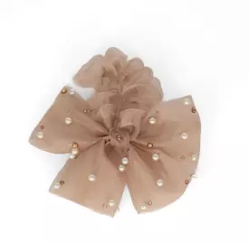 Bari Lynn Tulle Bow Scrunchie with Pearls & Swarovski Crystals - Nude