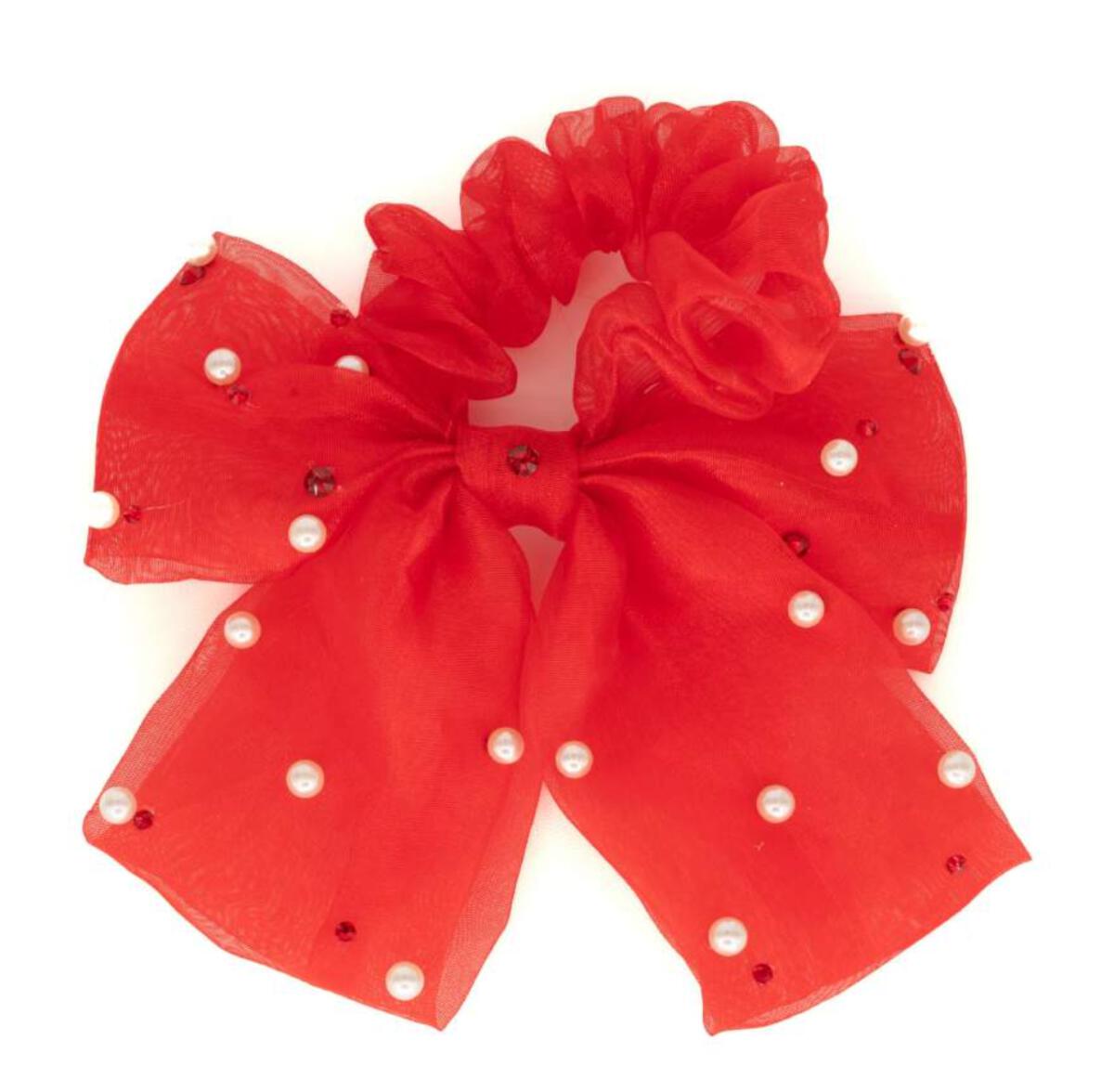 Bari Lynn Tulle Bow Scrunchie with Pearls & Swarovski Crystals - Red