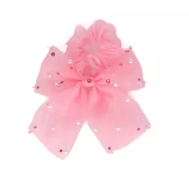 Bari Lynn Tulle Bow Scrunchie with Pearls & Swarovski Crystals - Rose