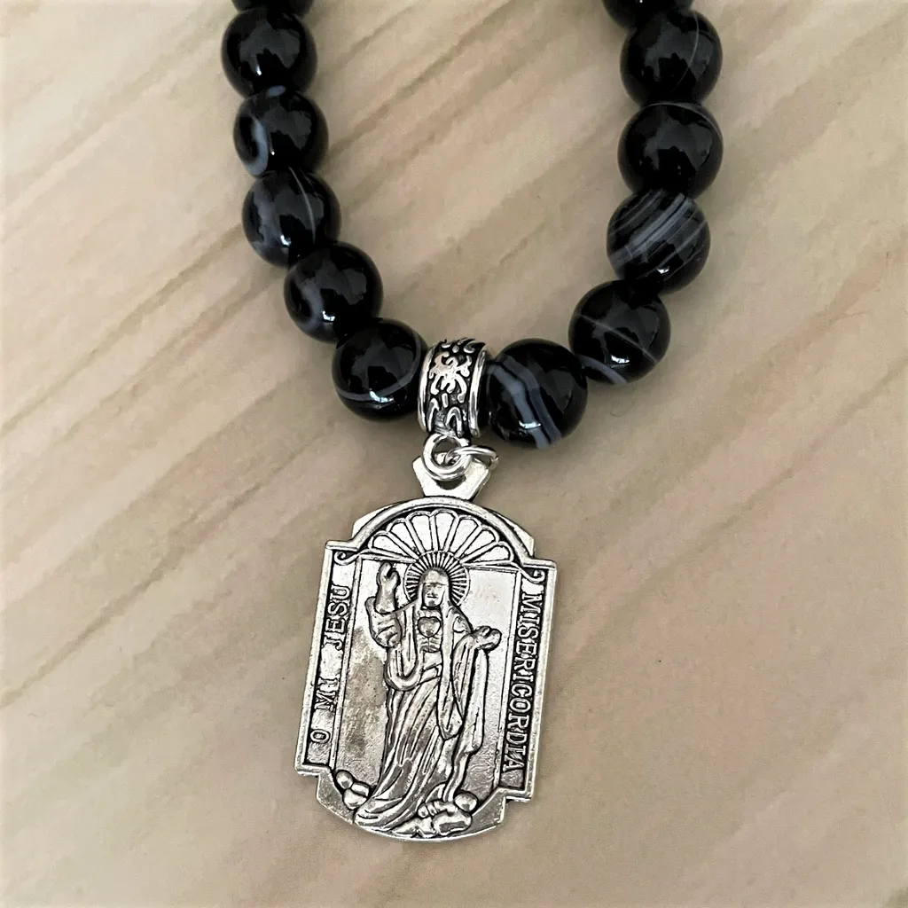 Black Sardonyx and Silver Saint Regina Mens Beaded Necklace