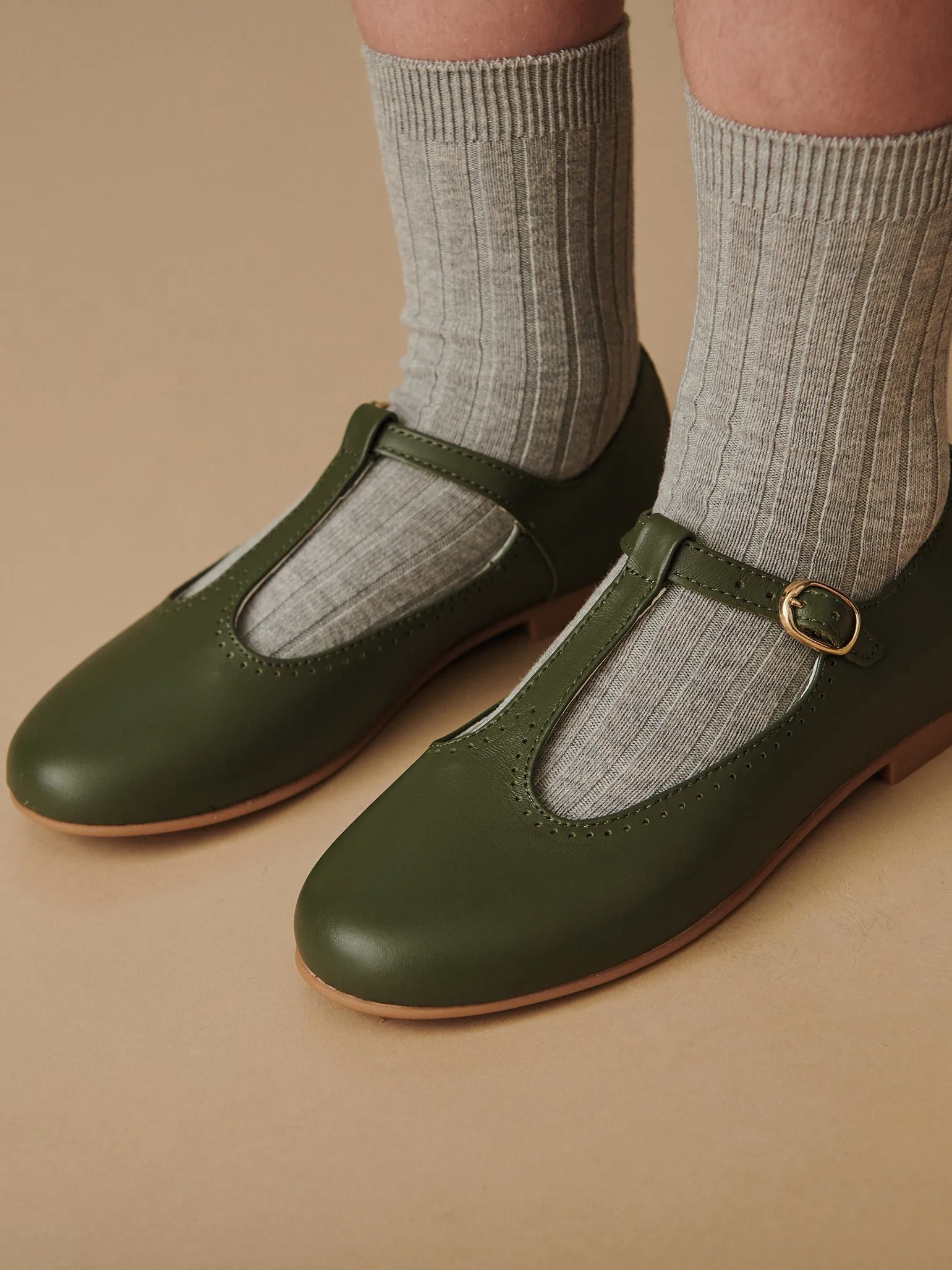 Bottle Green Leather Girl T-Bar Shoes