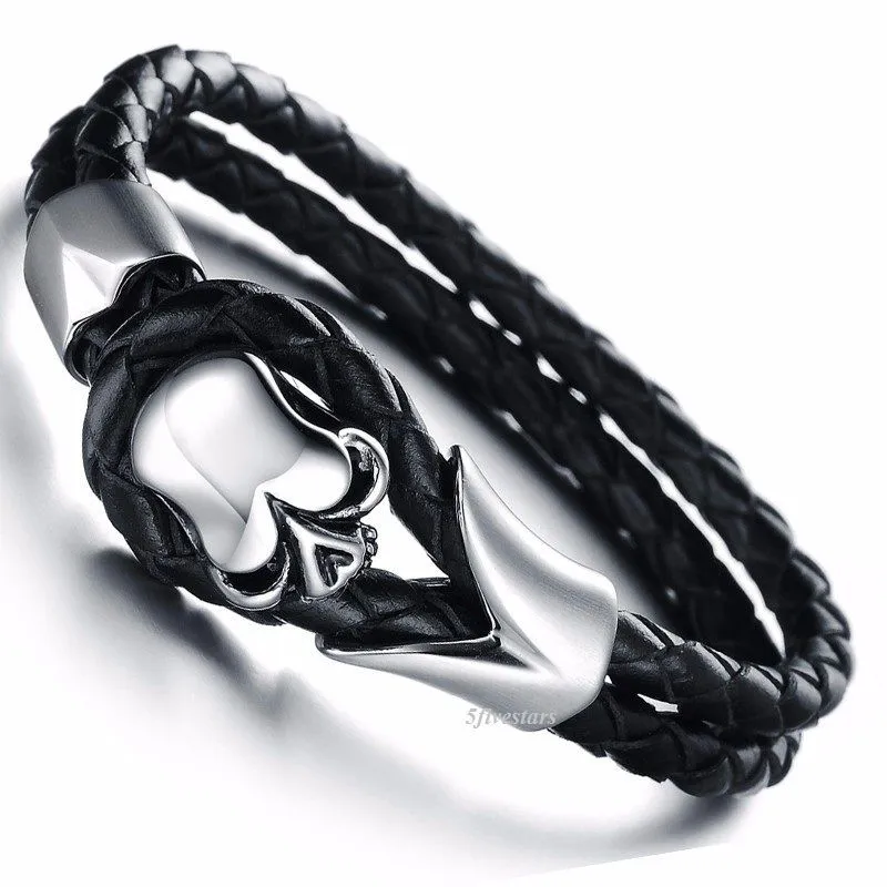 Braided Leather Skull Cuff Bangle Stainless Steel Bracelet | Kilt and Jacks