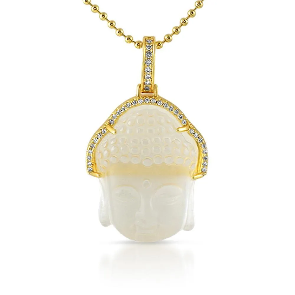 Carved Frosted Crystal Buddha Pendant Gold CZ Hair Outline