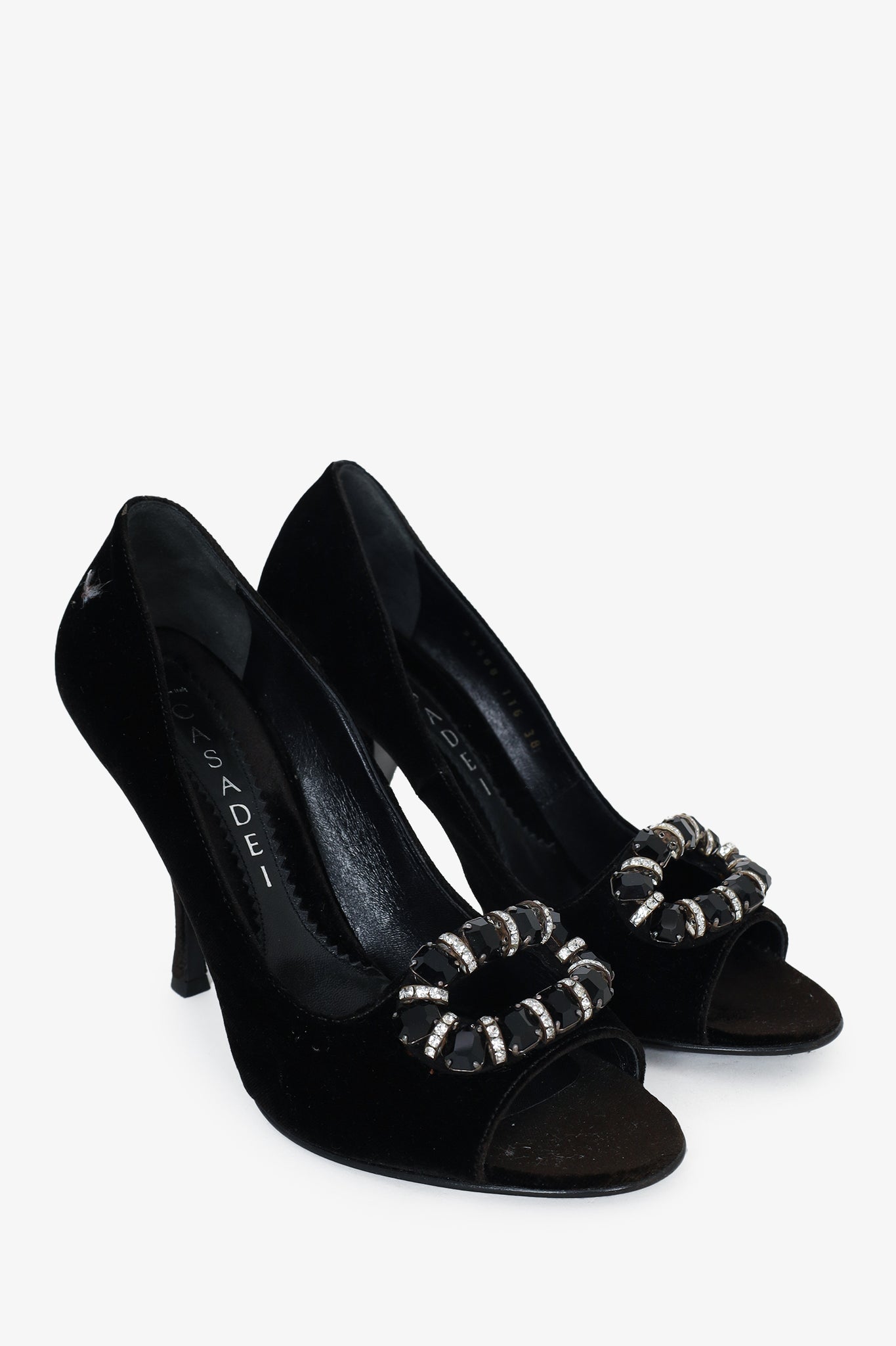 Casadei Black Velvet Crystal Toe Heels Size 8