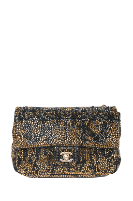 Chanel 2014-15 Black/Gold Swarovski Crystal Embellished Medium Single Flap Shoulder Bag