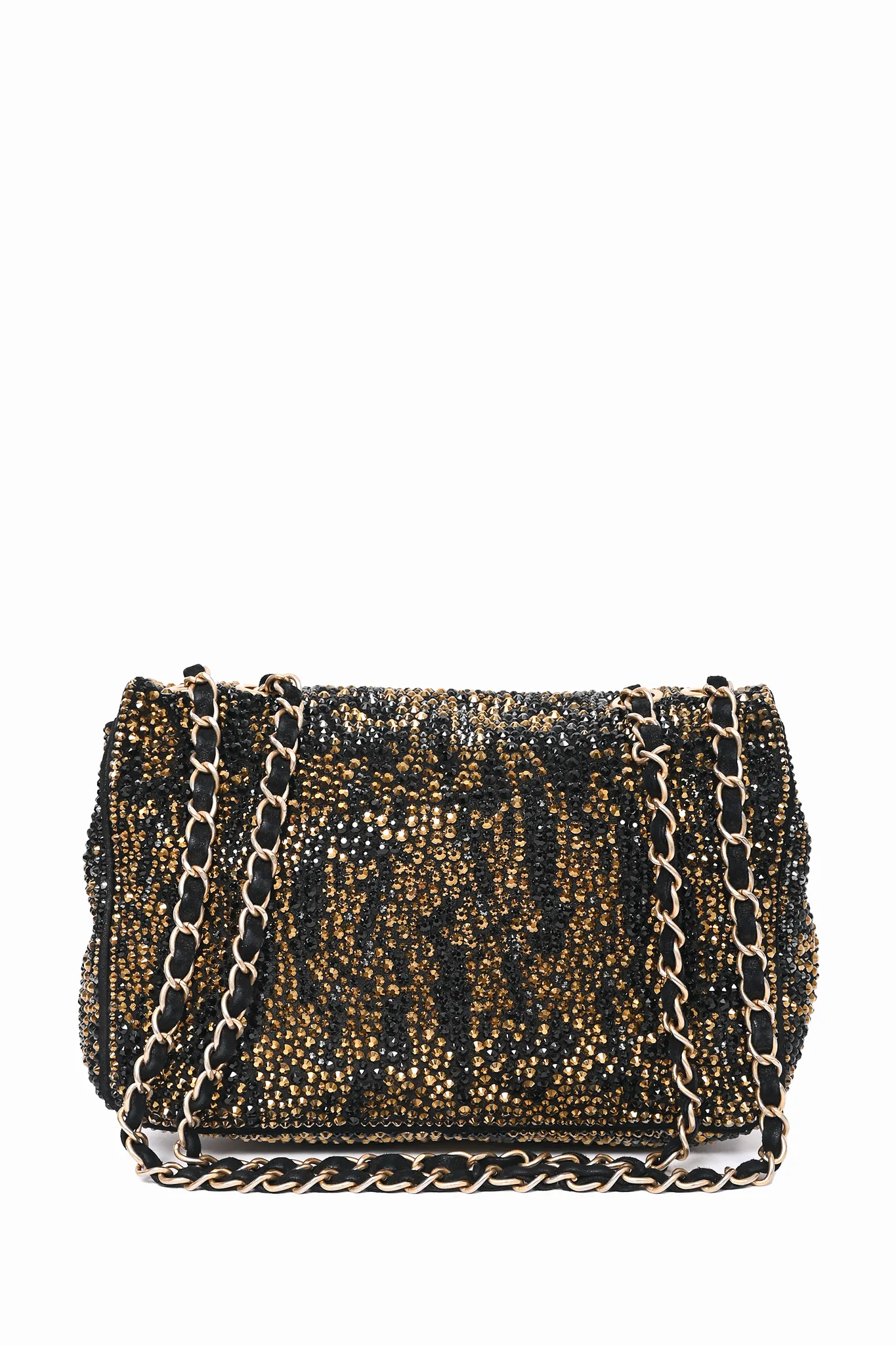 Chanel 2014-15 Black/Gold Swarovski Crystal Embellished Medium Single Flap Shoulder Bag