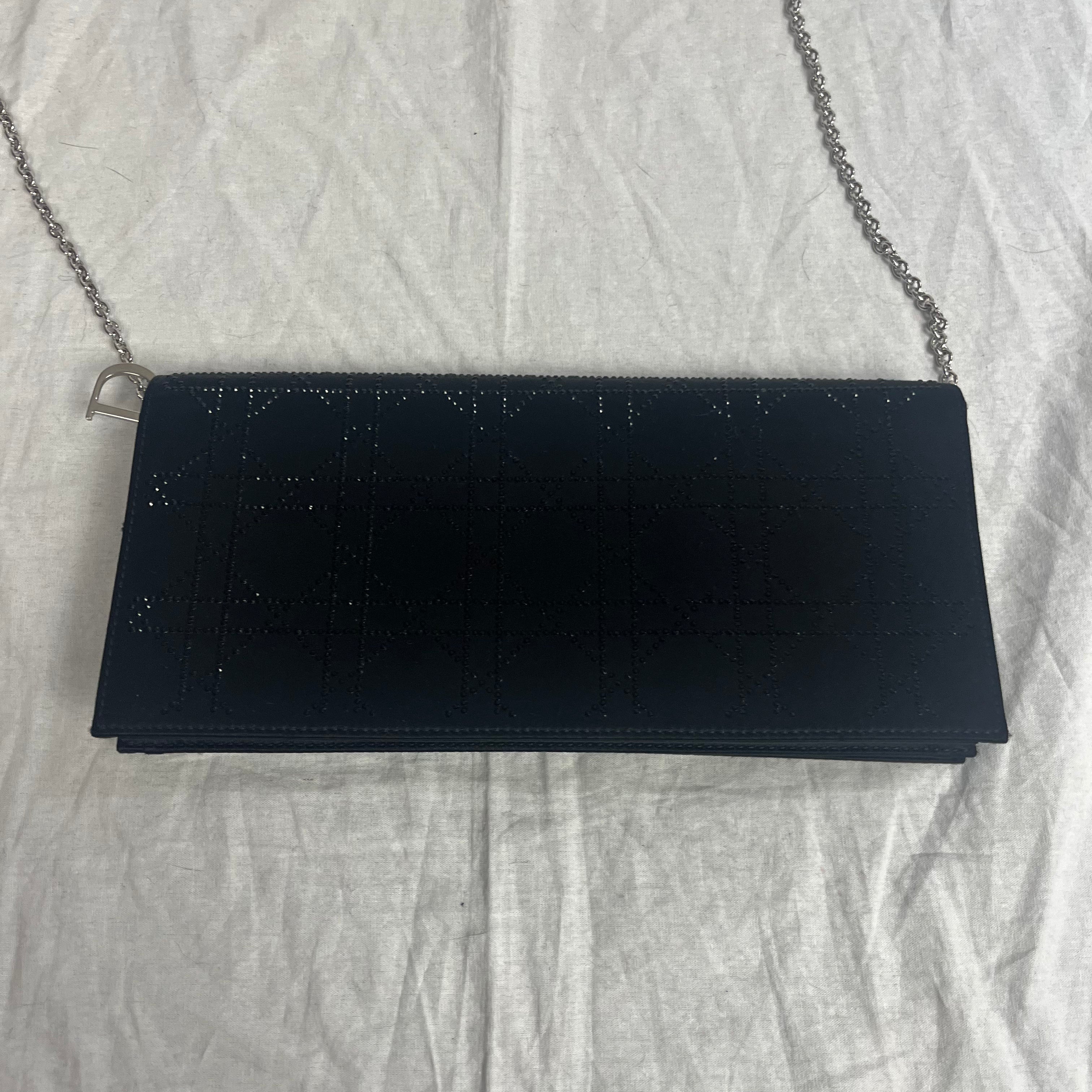 Christian Dior Black Silk Crystal Cannage Evening Bag