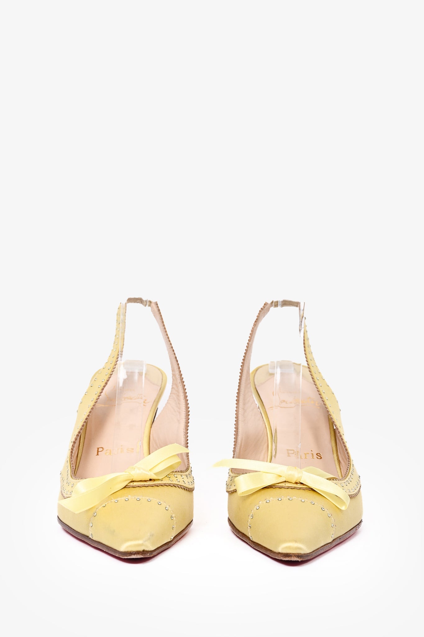 Christian Louboutin Yellow Satin Crystal Bow 70mm Heels Size 38