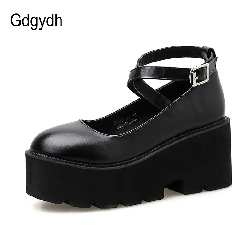 College Student Shoes Girl Leather Platform Heels Ankle Strap  Pumps