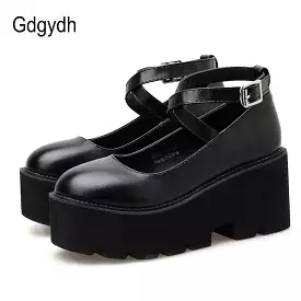 College Student Shoes Girl Leather Platform Heels Ankle Strap  Pumps