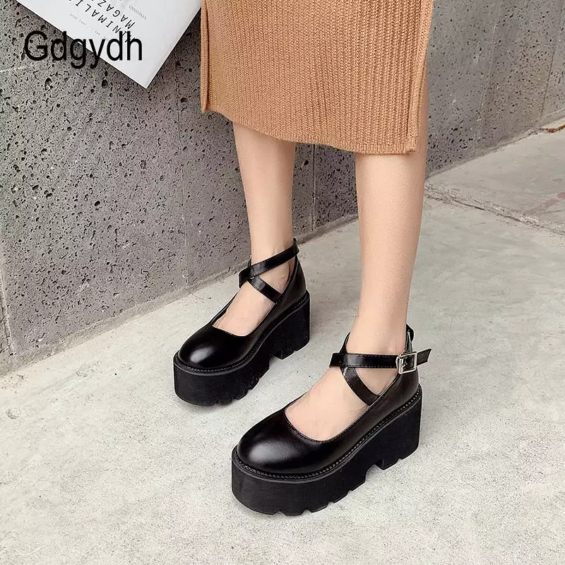 College Student Shoes Girl Leather Platform Heels Ankle Strap  Pumps