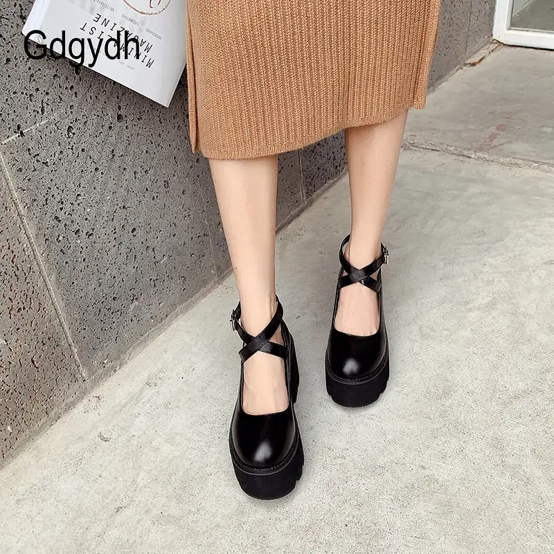 College Student Shoes Girl Leather Platform Heels Ankle Strap  Pumps