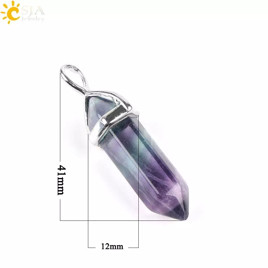 CSJA Fluorite Necklaces Crystal Pendants Suspension Natural Gem Stone Quartz Bullet Hexagonal Pendulum Reiki Chakra pendulo E546