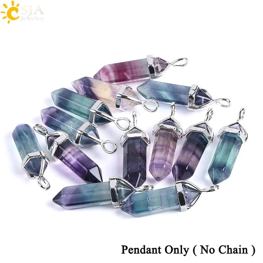 CSJA Fluorite Necklaces Crystal Pendants Suspension Natural Gem Stone Quartz Bullet Hexagonal Pendulum Reiki Chakra pendulo E546