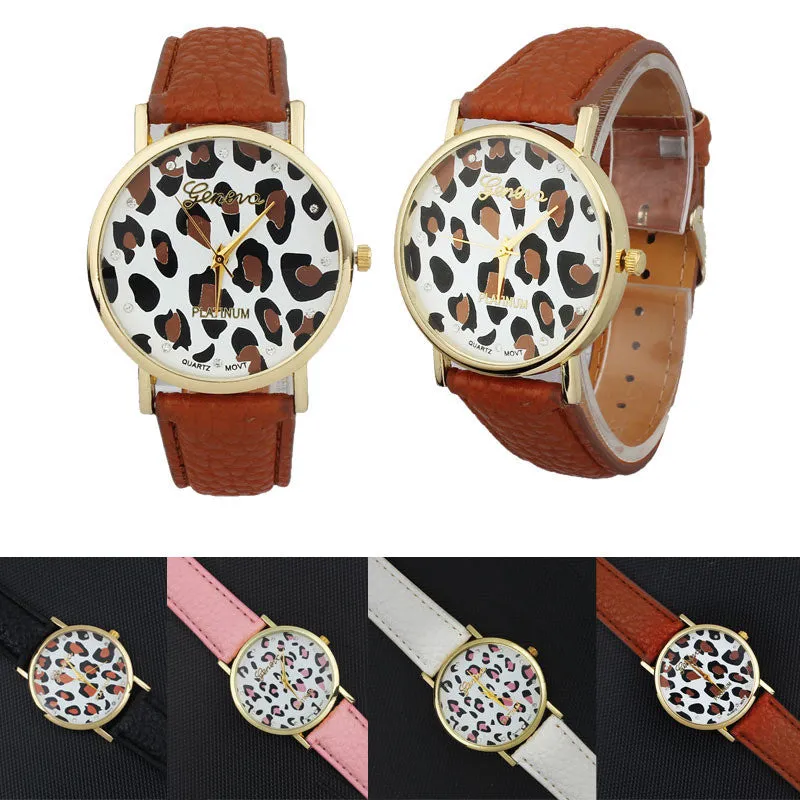 Diamond Women Clock Leopard Printing Pattern Watches Leather Quartz Dial Women Beauty Dress Quartz Wristwatch Hours Promotions