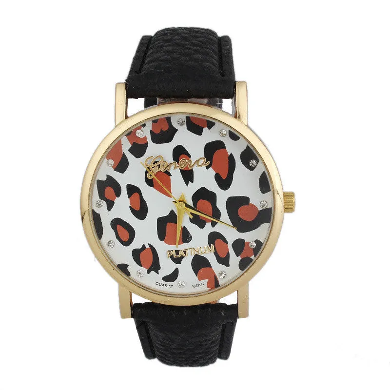 Diamond Women Clock Leopard Printing Pattern Watches Leather Quartz Dial Women Beauty Dress Quartz Wristwatch Hours Promotions