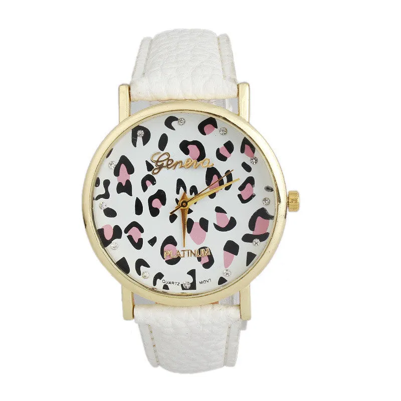 Diamond Women Clock Leopard Printing Pattern Watches Leather Quartz Dial Women Beauty Dress Quartz Wristwatch Hours Promotions