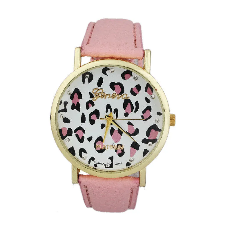 Diamond Women Clock Leopard Printing Pattern Watches Leather Quartz Dial Women Beauty Dress Quartz Wristwatch Hours Promotions