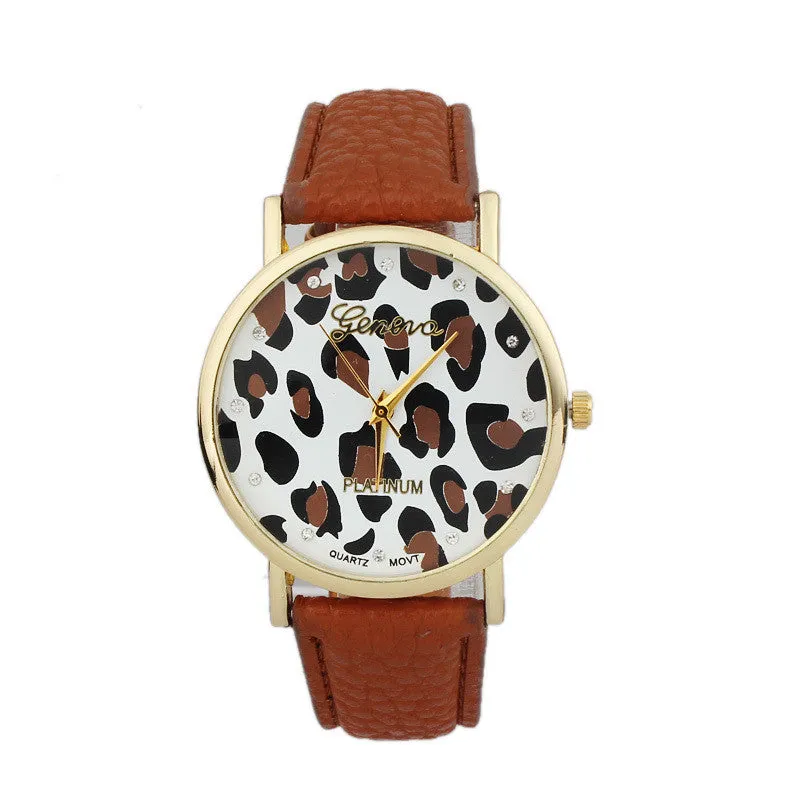 Diamond Women Clock Leopard Printing Pattern Watches Leather Quartz Dial Women Beauty Dress Quartz Wristwatch Hours Promotions