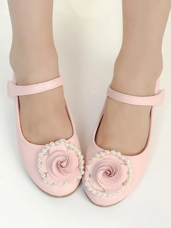 Flower Girl Shoes Pink PU Leather Flowers Party Shoes For Kids