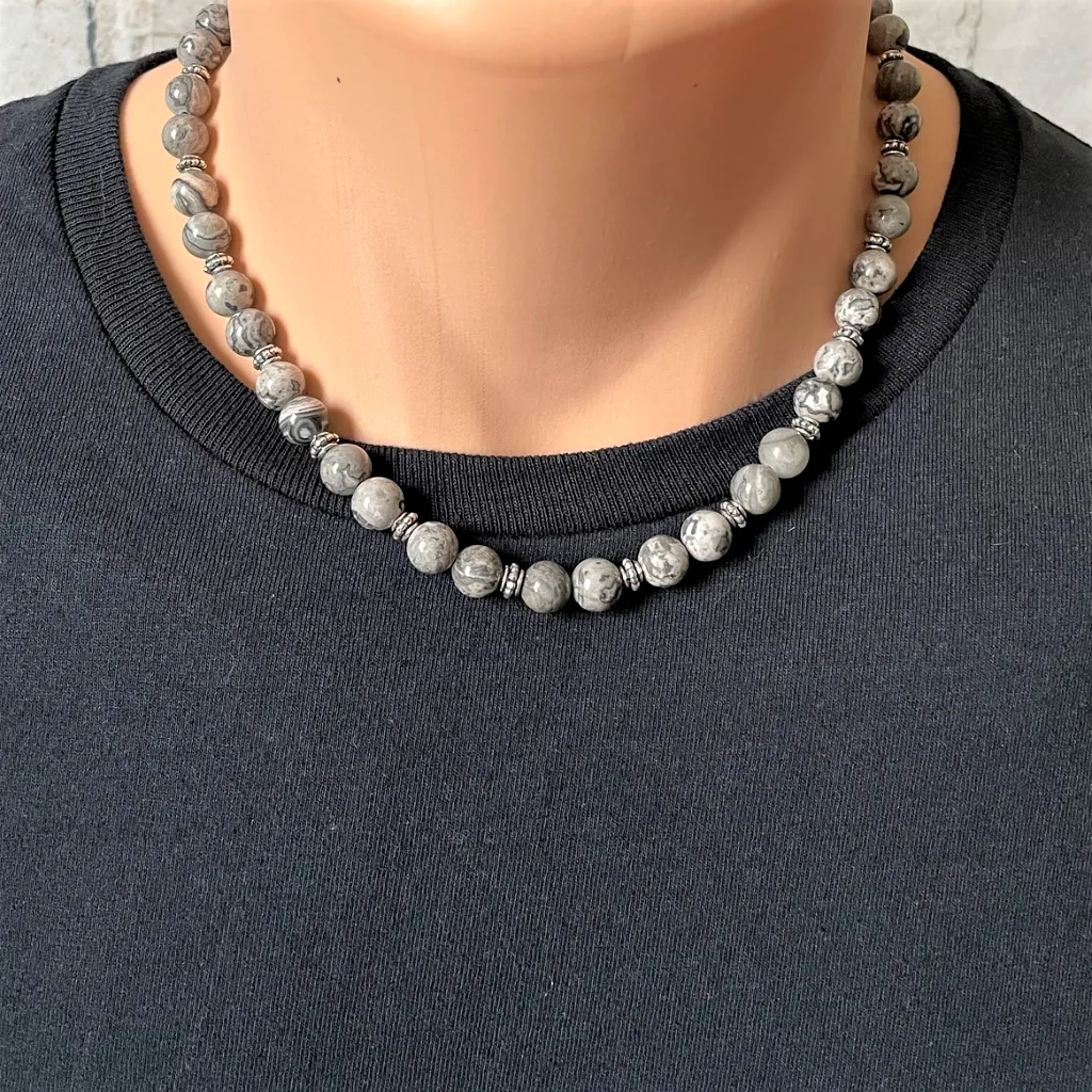 Gray Map Jasper and Silver Mens Beaded Necklace