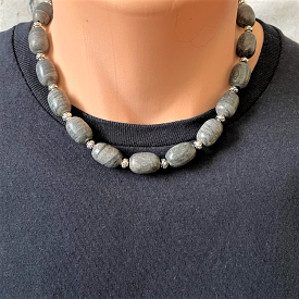 Gray Oval Marble Mens Beaded Necklace