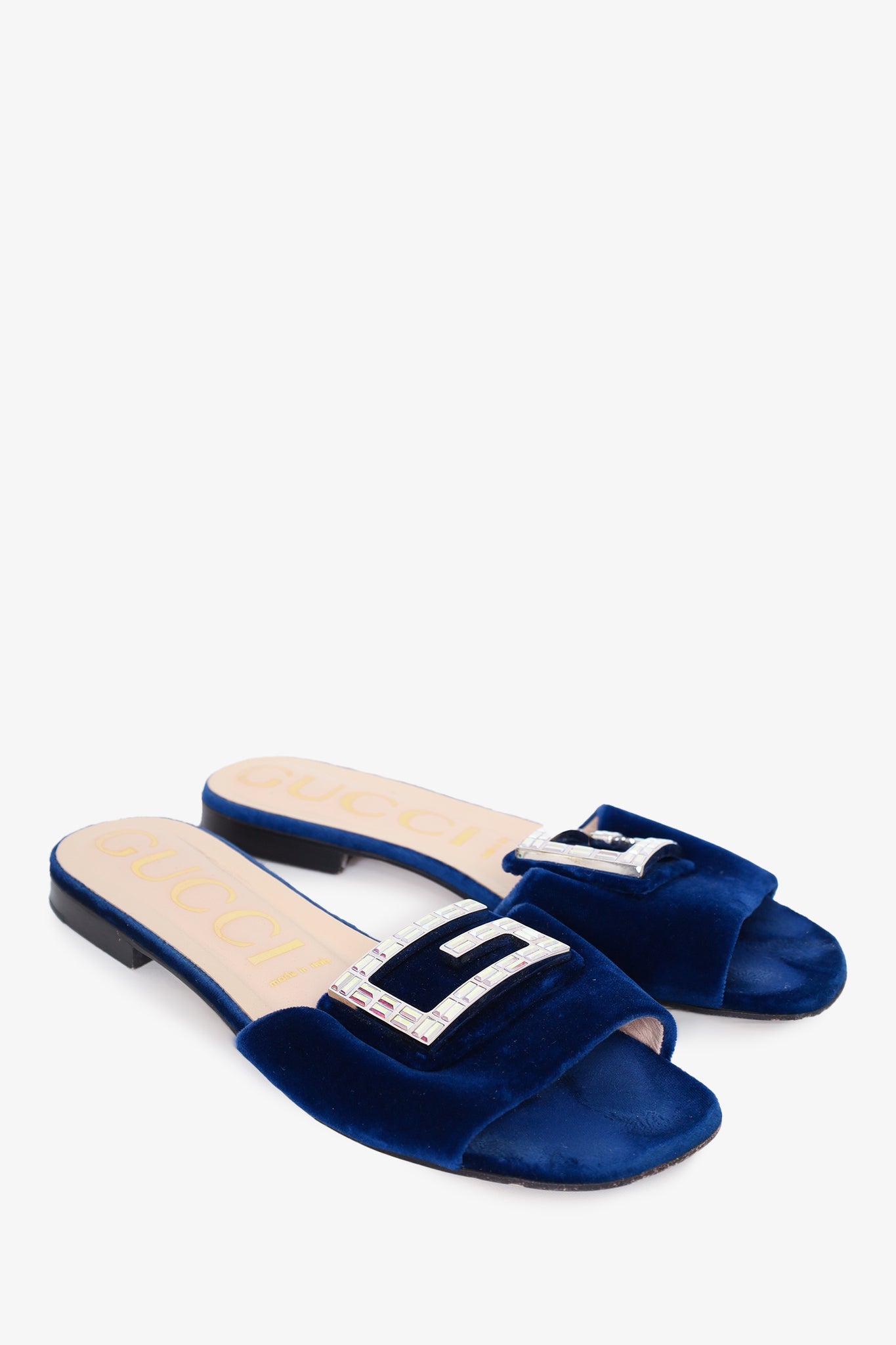 Gucci Navy Velvet Crystal G Slides size 38.5