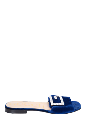 Gucci Navy Velvet Crystal G Slides size 38.5