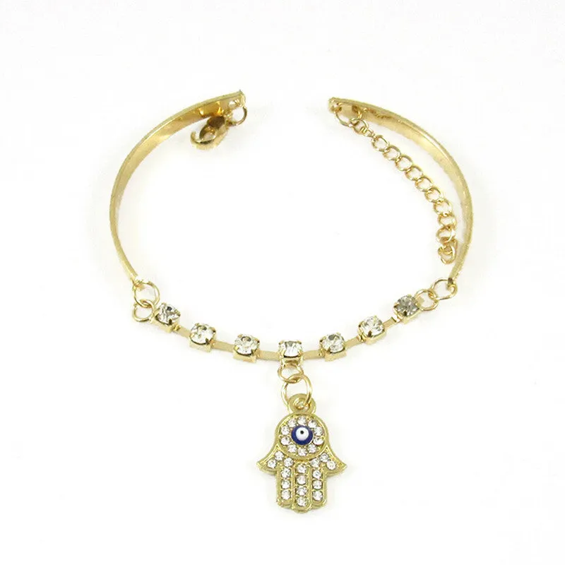 Hamsa Symbol Fatima H  Pendant Rhinestone Gold Plated Bracelet Bangle Jewelry Gift for Women SM6