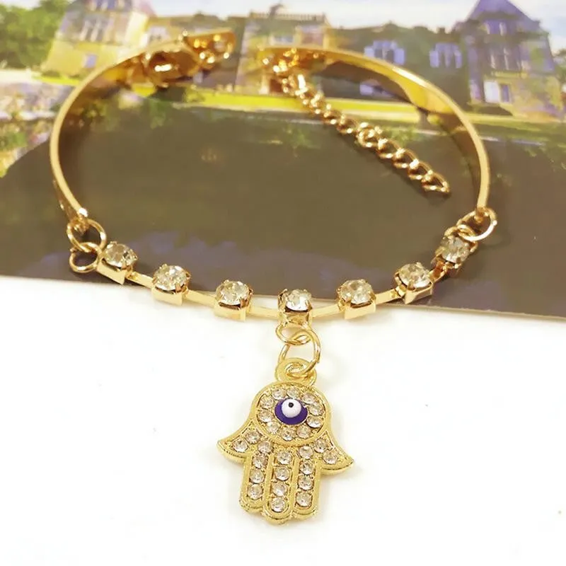 Hamsa Symbol Fatima H  Pendant Rhinestone Gold Plated Bracelet Bangle Jewelry Gift for Women SM6