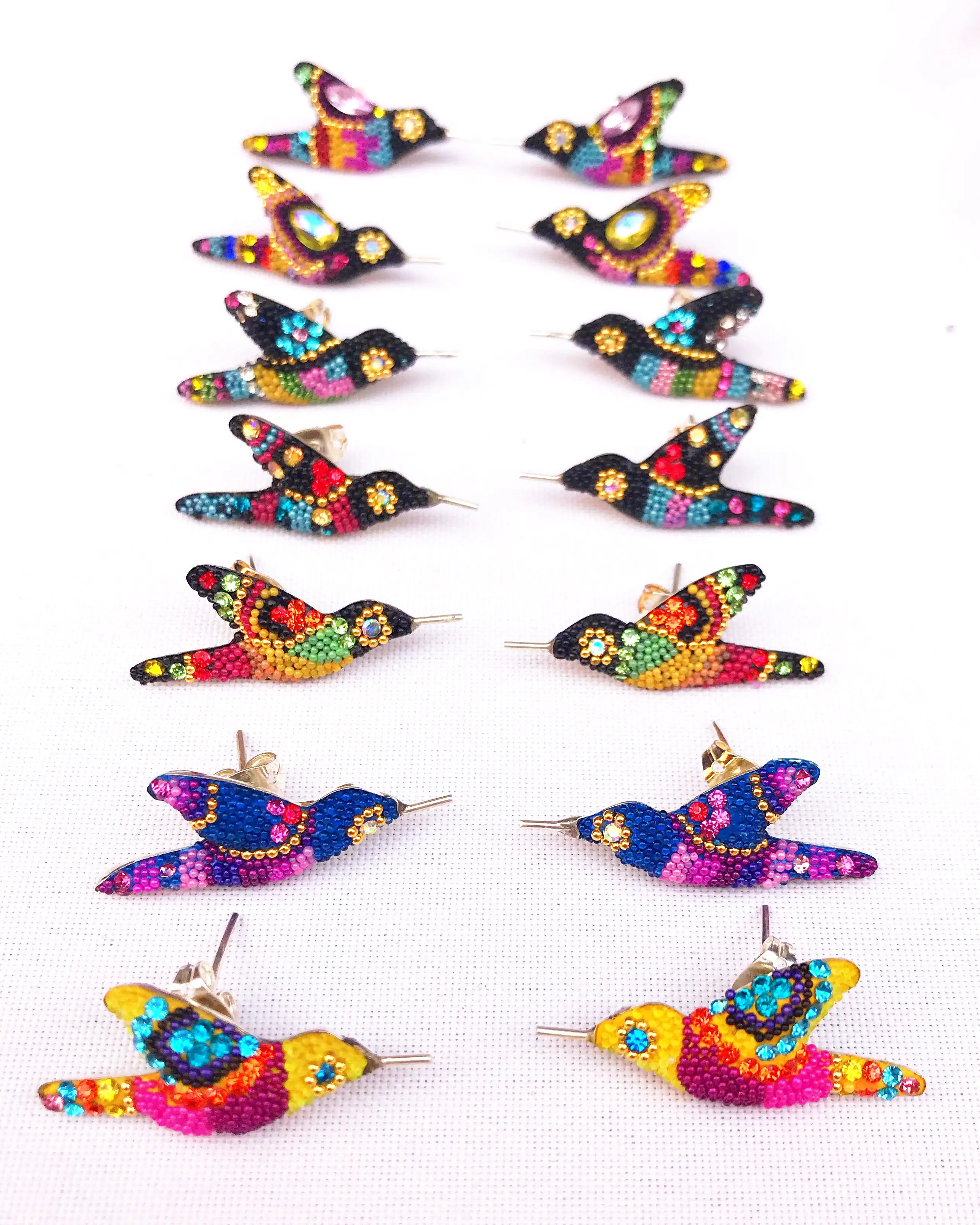 HUMMINGBIRD EARRINGS / BLUE W MUTLI-COLORS