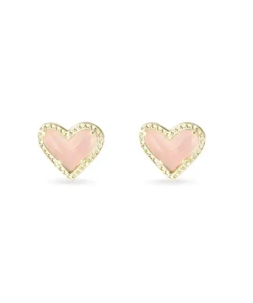 Kendra Scott Ari Heart Gold Stud Earrings - Rose Quartz