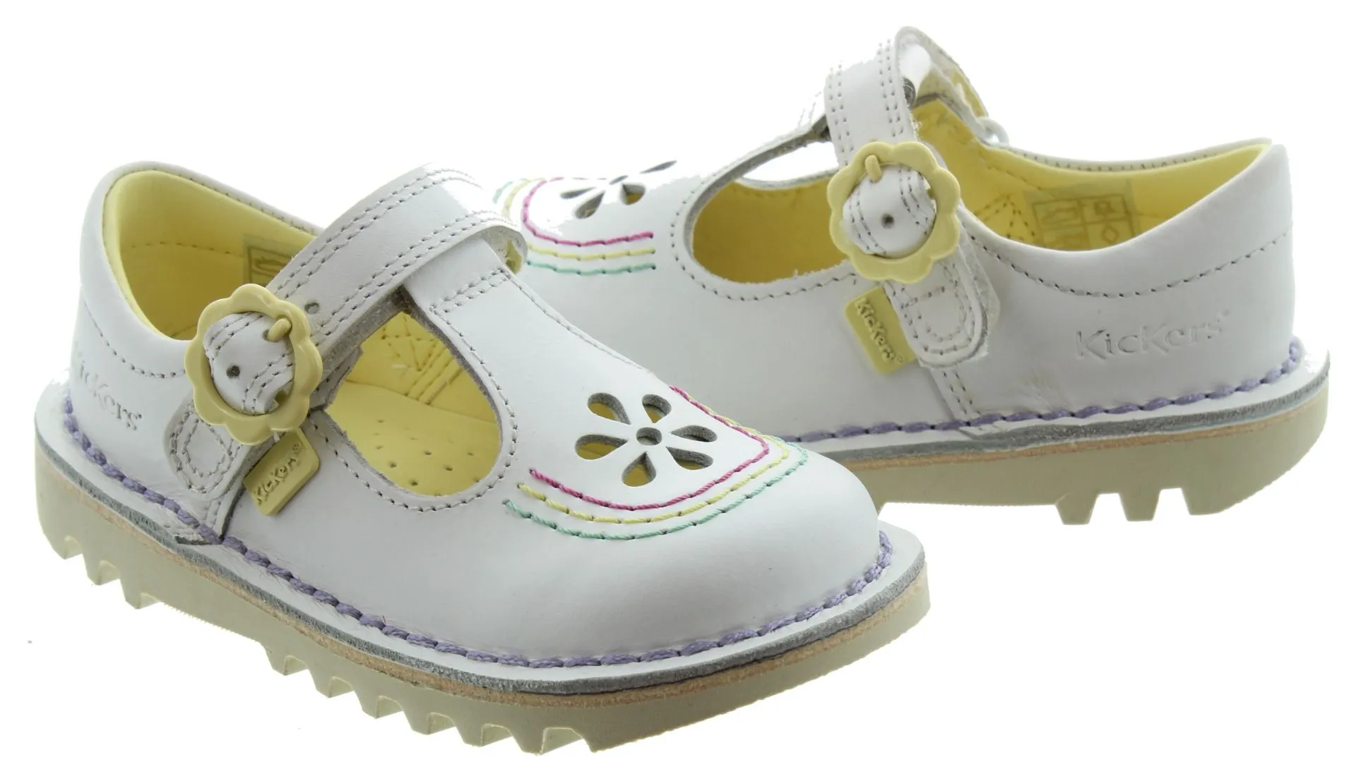 KICKERS Kids Kick T Bar Flower Shoes In White