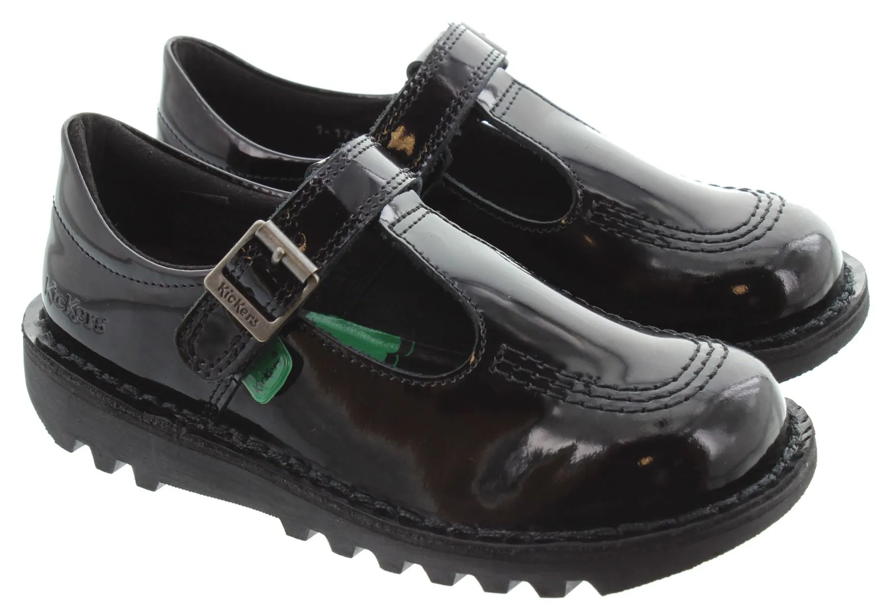 KICKERS Kids Kick T Bar Velcro Shoes In Black Patent