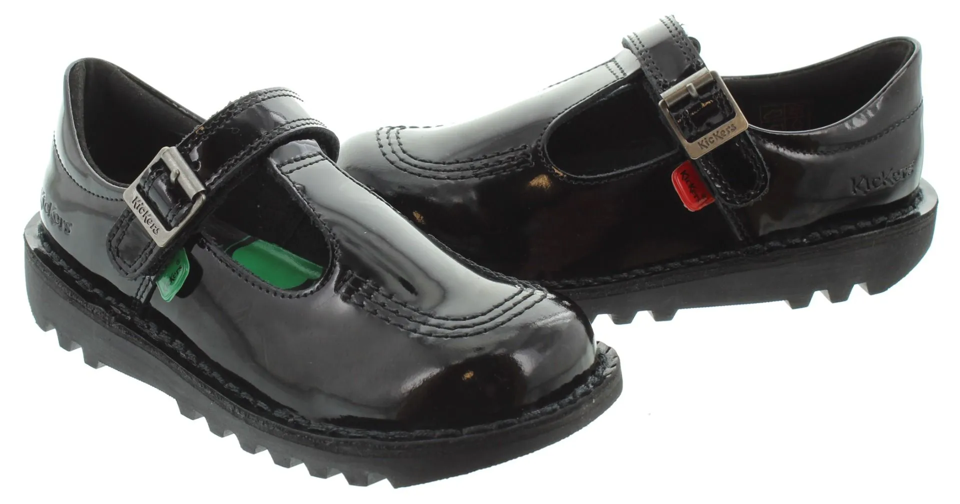 KICKERS Kids Kick T Bar Velcro Shoes In Black Patent