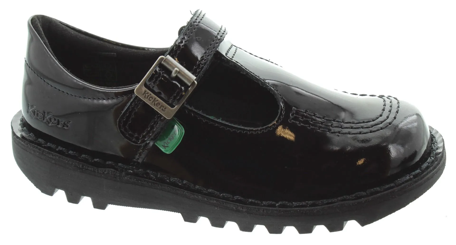 KICKERS Kids Kick T Bar Velcro Shoes In Black Patent