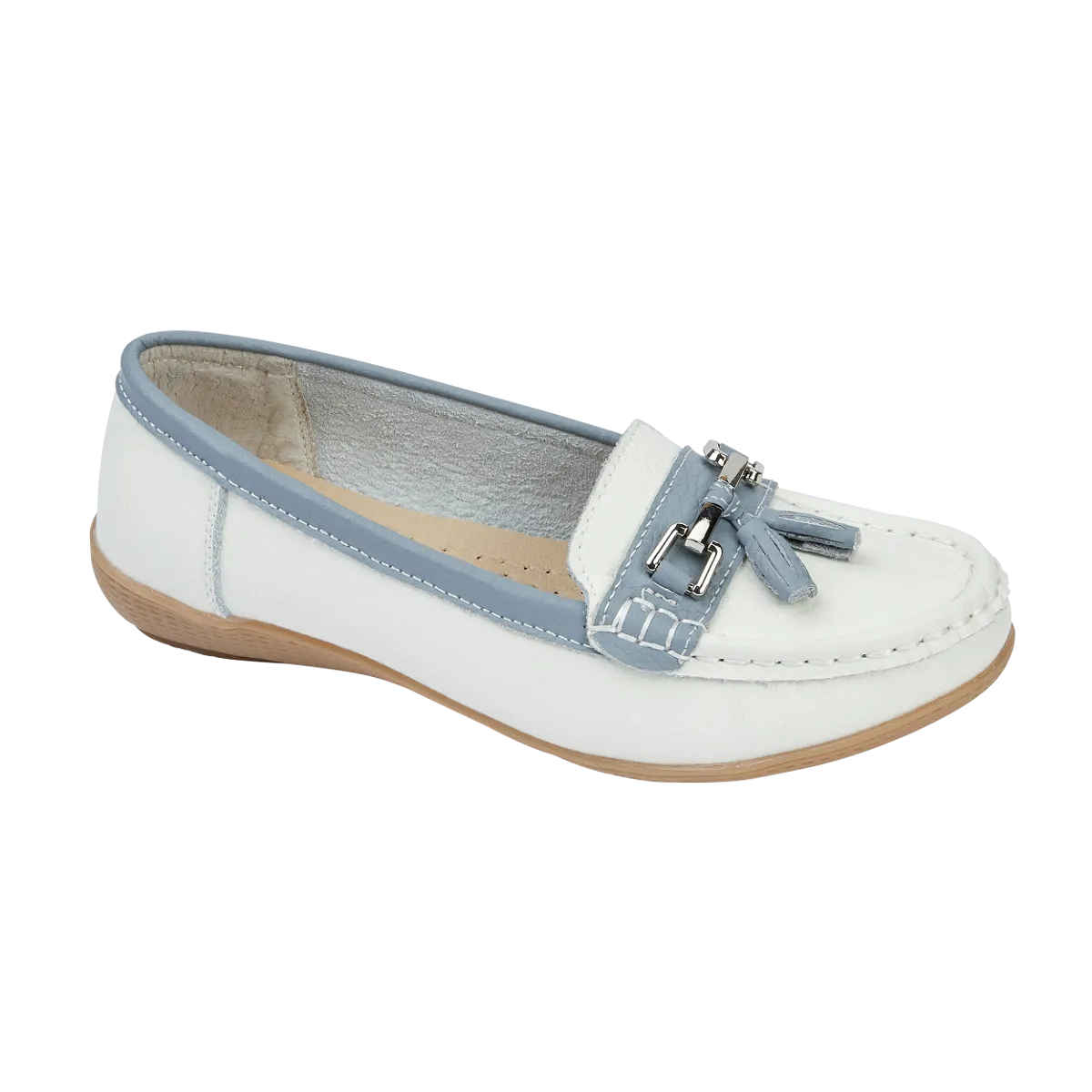 Ladies Leather Slip on White/Baby Blue Shoes Seafairer Flat Jo & Joe