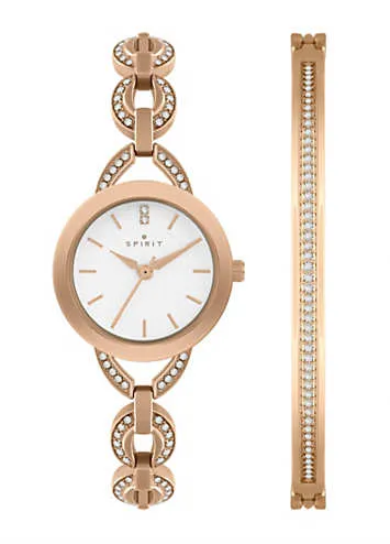 Ladies Polished Pale Rose Gold Link Bracelet Watch & Bangle Set by Spirit | Look Again