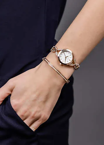 Ladies Polished Pale Rose Gold Link Bracelet Watch & Bangle Set by Spirit | Look Again