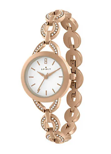 Ladies Polished Pale Rose Gold Link Bracelet Watch & Bangle Set by Spirit | Look Again