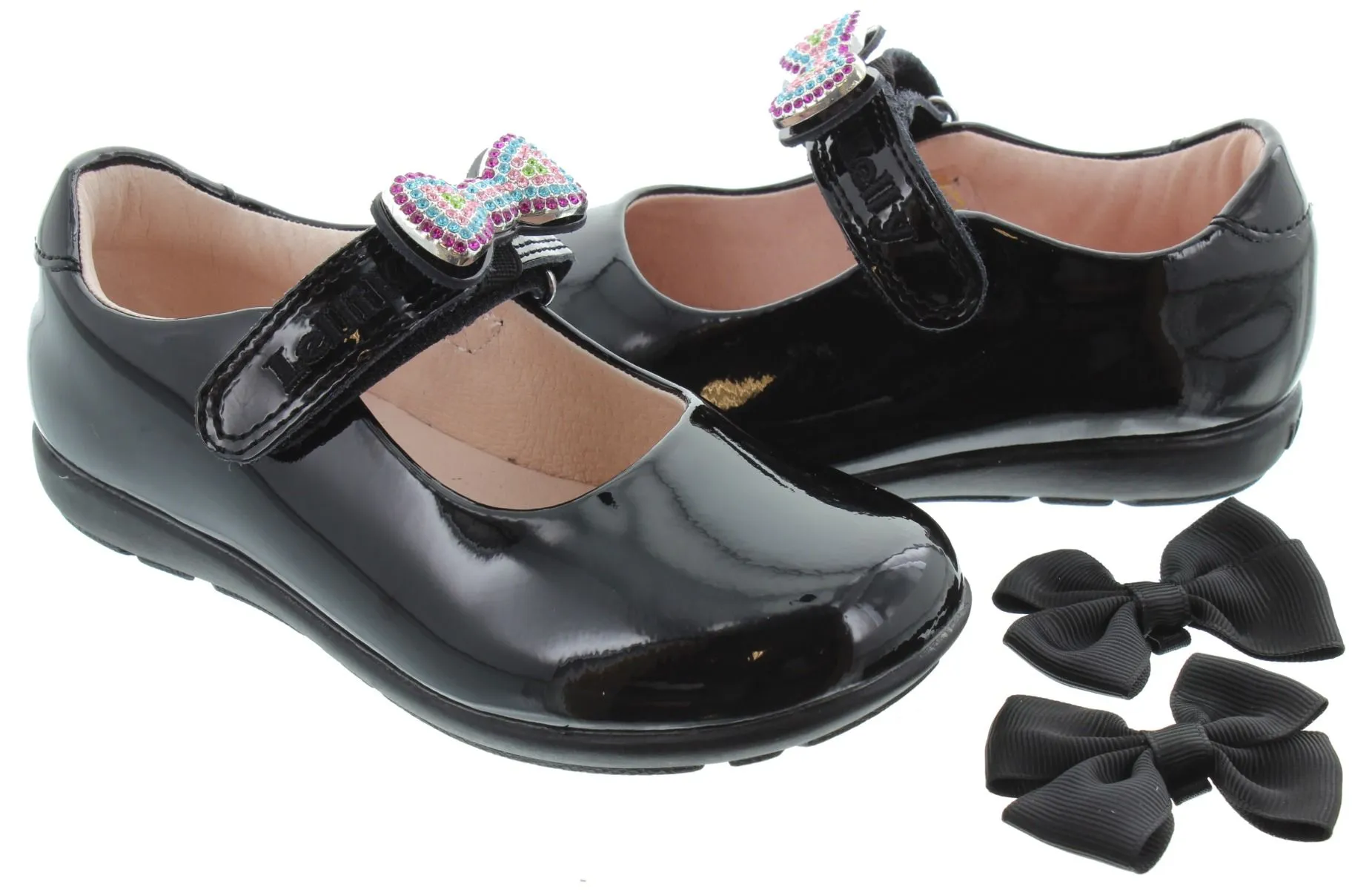 LELLI KELLY Kids LK8156 G Width Erin Bow Bar Shoes In Black Patent